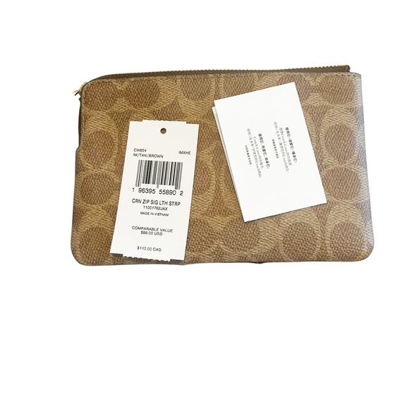 Coach Corner Zip Signature Canvas with Leather Stripe Bag Tan Brown One Size NWT - Picture 9 of 12